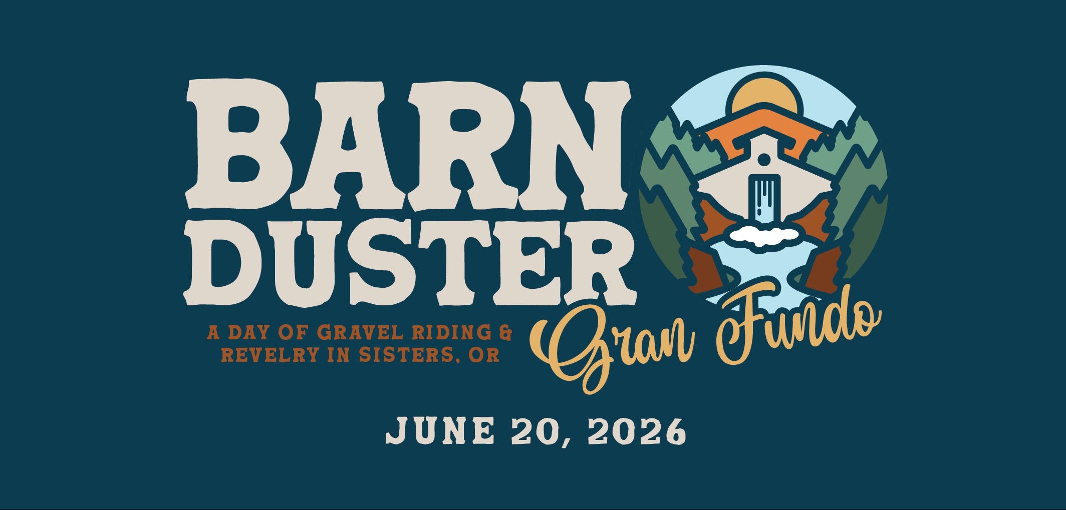 Promotional graphic for Barn Duster Gran Fundo event with logo and text on a blue background